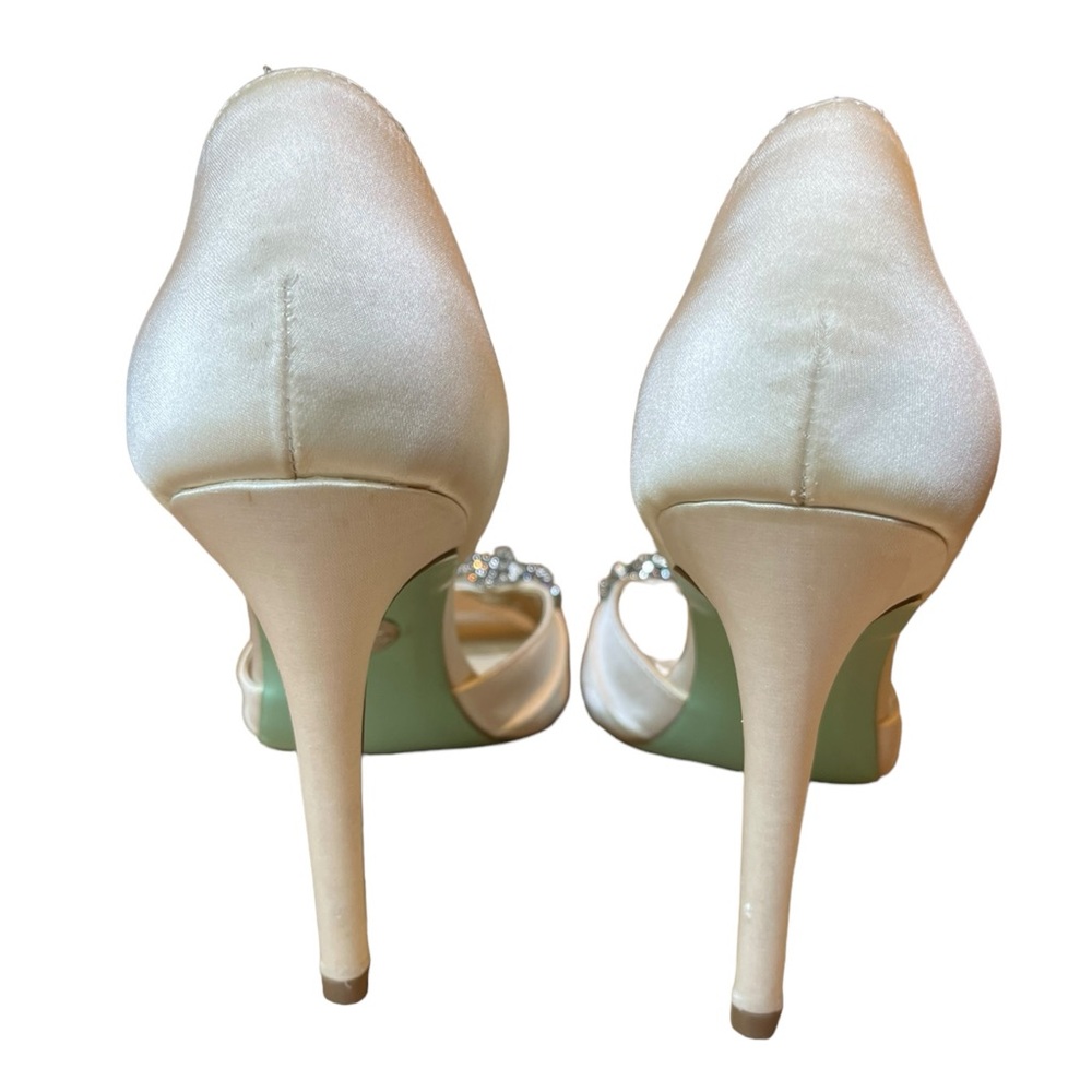 Betsey Johnson Ivory Satin Peep-Toe Heels with Crystal Bow Accent - Picture 4 of 5